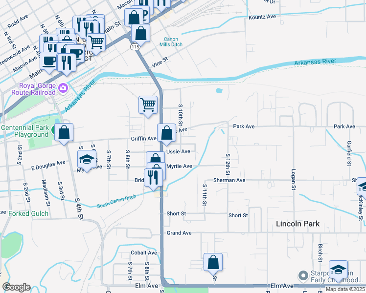 map of restaurants, bars, coffee shops, grocery stores, and more near 1016 Prescott Ave in Cañon City