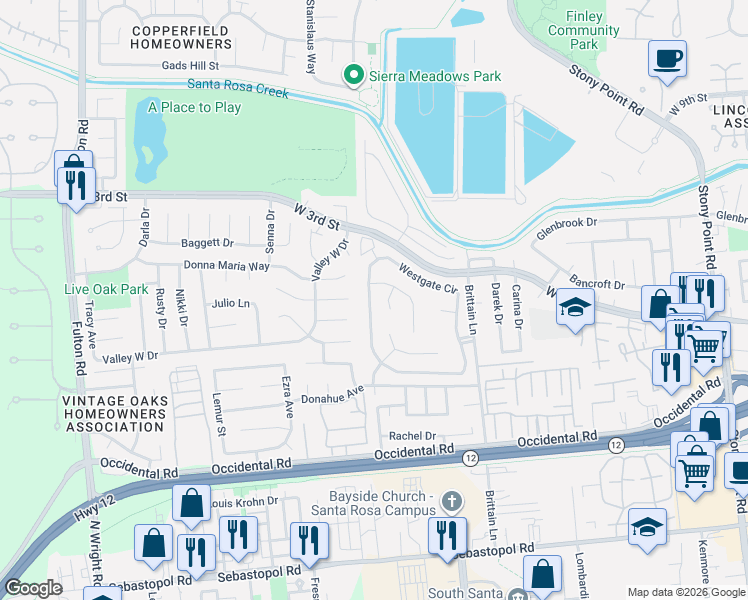 map of restaurants, bars, coffee shops, grocery stores, and more near 95 Westgate Circle in Santa Rosa
