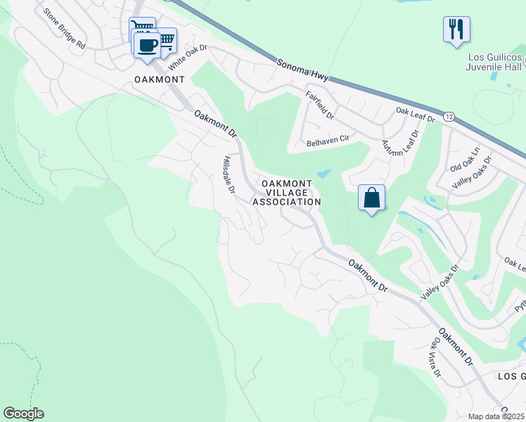 map of restaurants, bars, coffee shops, grocery stores, and more near 476 Hillsdale Drive in Santa Rosa