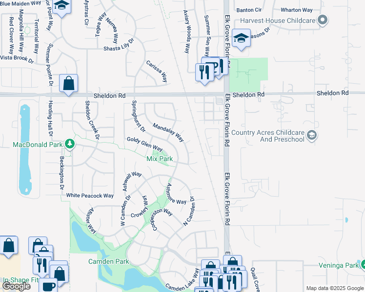 map of restaurants, bars, coffee shops, grocery stores, and more near 8928 Mandalay Way in Elk Grove