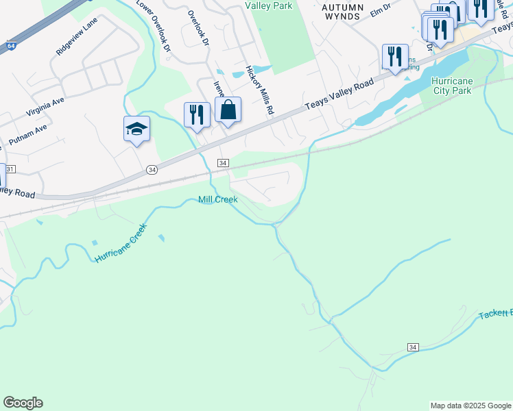 map of restaurants, bars, coffee shops, grocery stores, and more near 3346 Tackett Branch Road in Hurricane