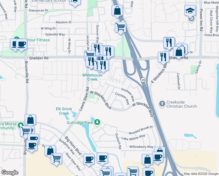 map of restaurants, bars, coffee shops, grocery stores, and more near 8893 Breton Way in Elk Grove