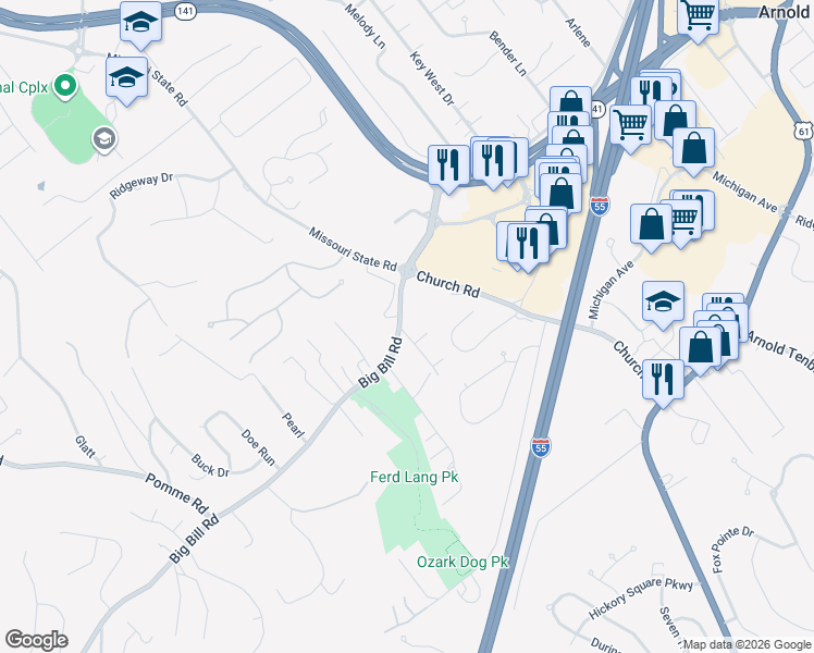 map of restaurants, bars, coffee shops, grocery stores, and more near 1764 Old Lemay Ferry Road in Arnold