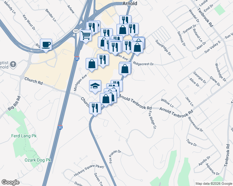 map of restaurants, bars, coffee shops, grocery stores, and more near 1298 Jeffco Boulevard in Arnold