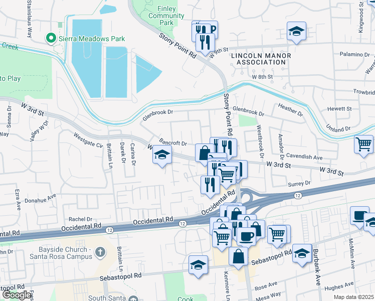 map of restaurants, bars, coffee shops, grocery stores, and more near 1761 West 3rd Street in Santa Rosa