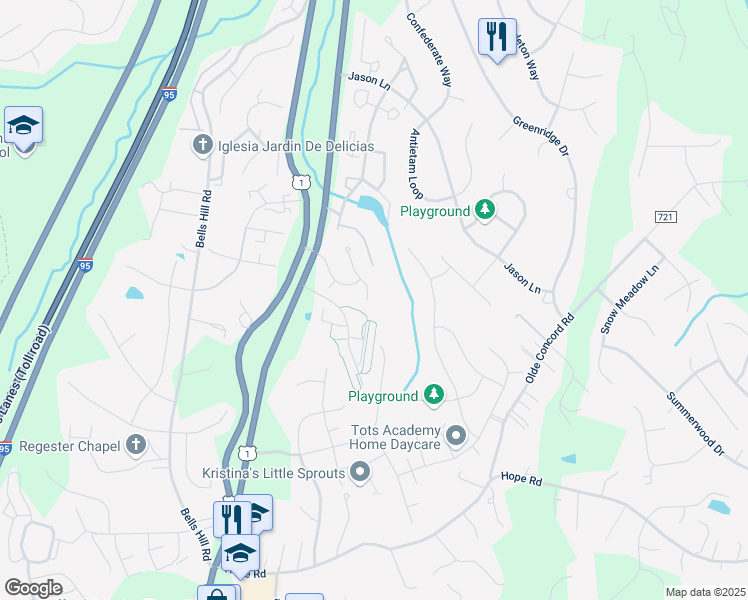 map of restaurants, bars, coffee shops, grocery stores, and more near 103 Austin Court in Stafford