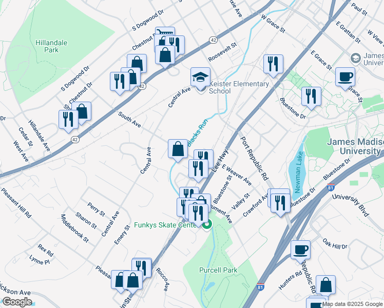map of restaurants, bars, coffee shops, grocery stores, and more near 32 South Avenue in Harrisonburg
