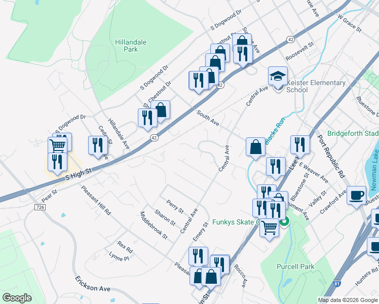 map of restaurants, bars, coffee shops, grocery stores, and more near 211 Wakefield Place in Harrisonburg