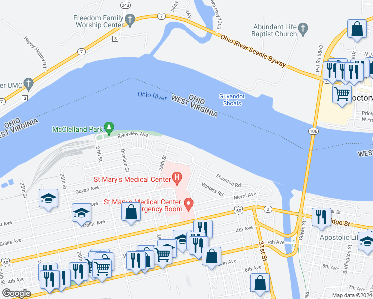 map of restaurants, bars, coffee shops, grocery stores, and more near 2832 North Staunton Road in Huntington
