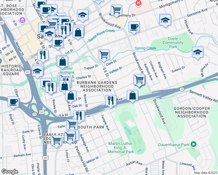 map of restaurants, bars, coffee shops, grocery stores, and more near 445 South E Street in Santa Rosa
