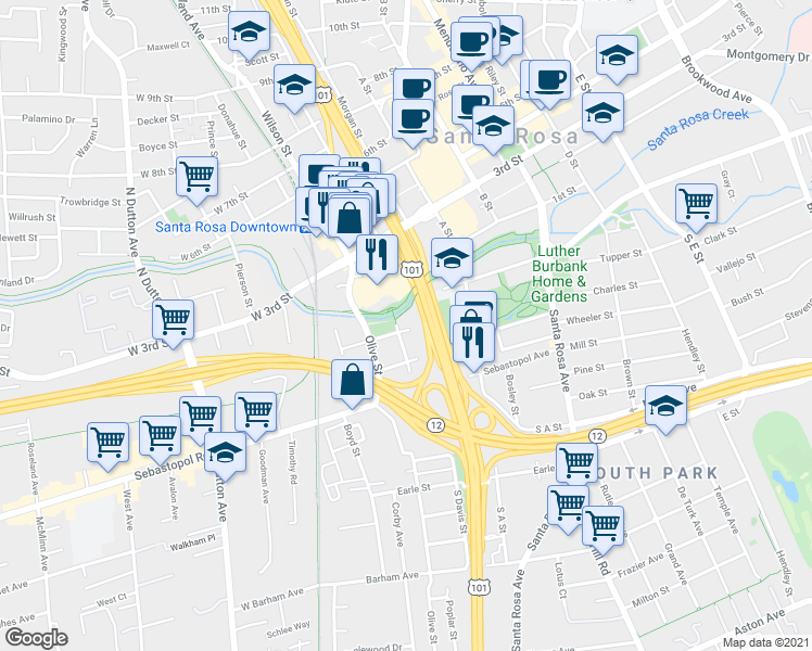 map of restaurants, bars, coffee shops, grocery stores, and more near 138 Orange Street in Santa Rosa