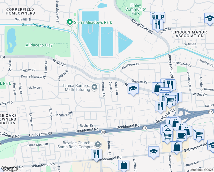 map of restaurants, bars, coffee shops, grocery stores, and more near 136 Brittain Lane in Santa Rosa