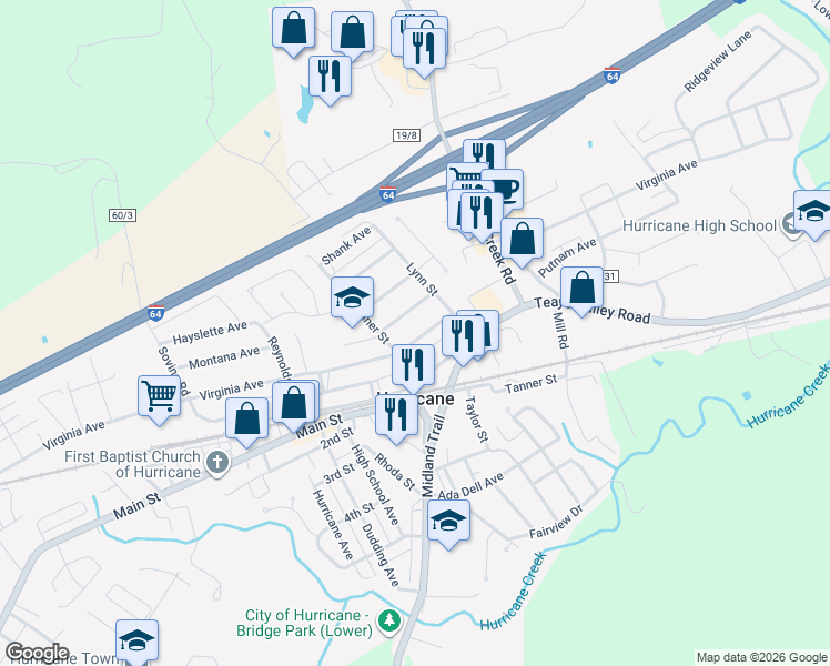 map of restaurants, bars, coffee shops, grocery stores, and more near 2177 Virginia Avenue in Culloden