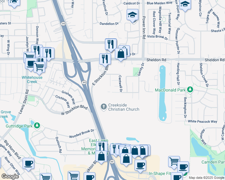 map of restaurants, bars, coffee shops, grocery stores, and more near 8355 Baisley Court in Elk Grove