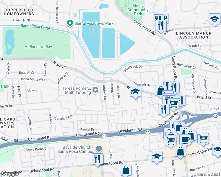 map of restaurants, bars, coffee shops, grocery stores, and more near 136 Brittain Lane in Santa Rosa