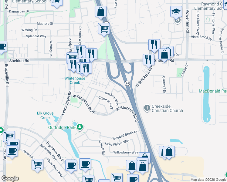 map of restaurants, bars, coffee shops, grocery stores, and more near 8200 Lauffer Way in Elk Grove
