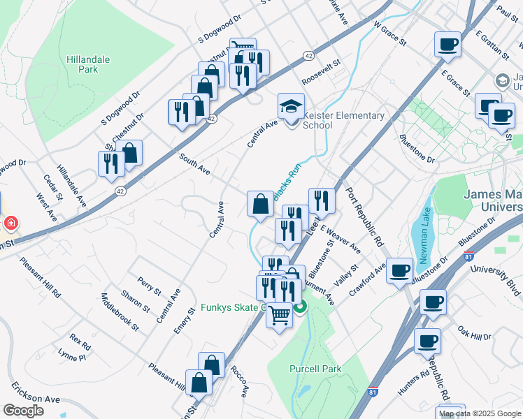 map of restaurants, bars, coffee shops, grocery stores, and more near 49 South Avenue in Harrisonburg
