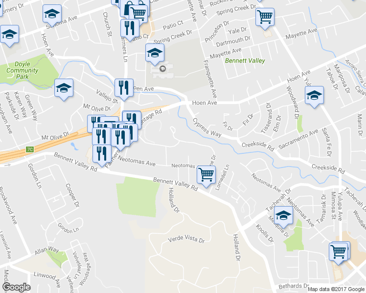 map of restaurants, bars, coffee shops, grocery stores, and more near 1508 Townview Avenue in Santa Rosa