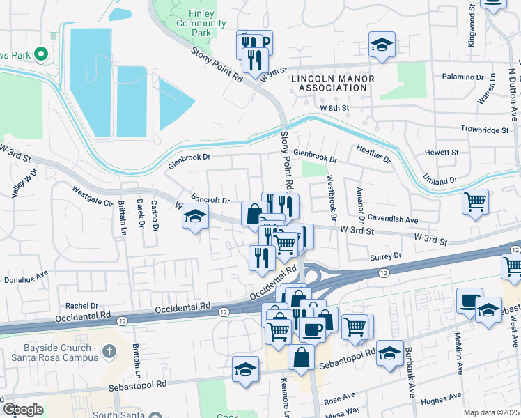 map of restaurants, bars, coffee shops, grocery stores, and more near 1738 Bancroft Drive in Santa Rosa