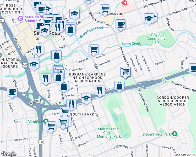 map of restaurants, bars, coffee shops, grocery stores, and more near 445 South E Street in Santa Rosa