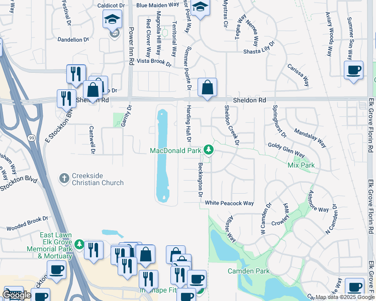 map of restaurants, bars, coffee shops, grocery stores, and more near 8930 Beckington Drive in Elk Grove