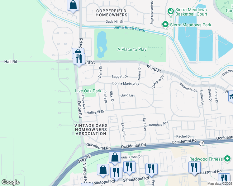 map of restaurants, bars, coffee shops, grocery stores, and more near 471 Jose Ramon Avenue in Santa Rosa