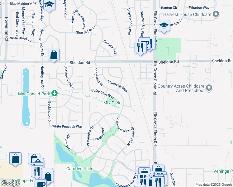 map of restaurants, bars, coffee shops, grocery stores, and more near 8926 Springhurst Drive in Elk Grove
