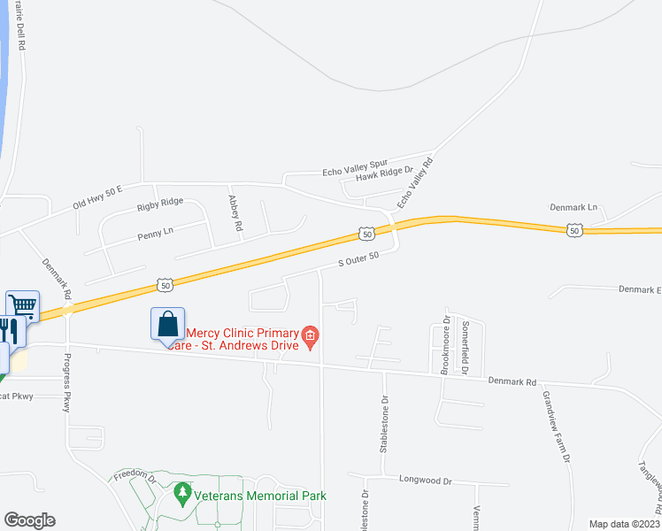 map of restaurants, bars, coffee shops, grocery stores, and more near South Outer 50 in Union