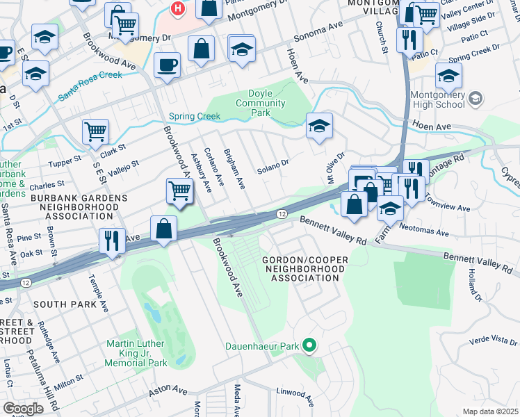 map of restaurants, bars, coffee shops, grocery stores, and more near 1748 Mount Olive Drive in Santa Rosa