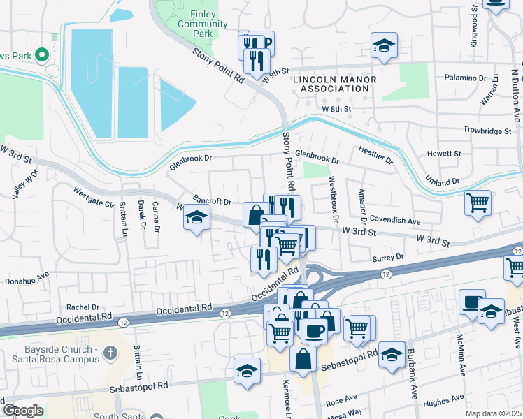 map of restaurants, bars, coffee shops, grocery stores, and more near 1738 Bancroft Drive in Santa Rosa