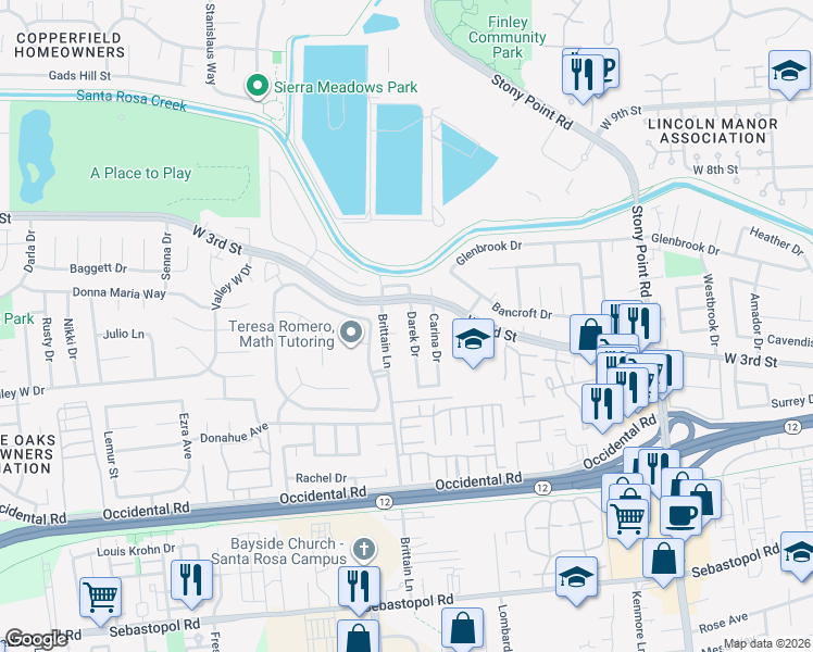map of restaurants, bars, coffee shops, grocery stores, and more near 136 Brittain Lane in Santa Rosa