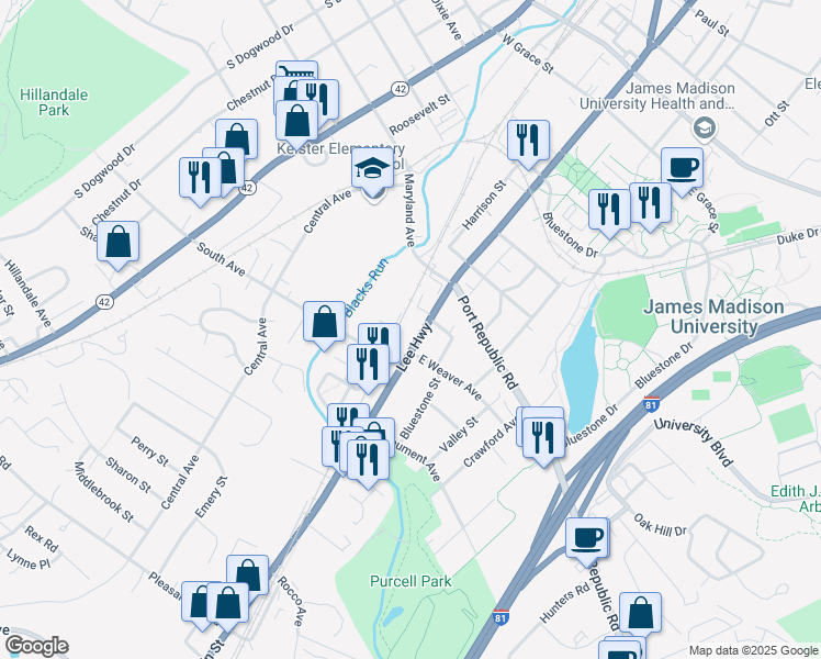 map of restaurants, bars, coffee shops, grocery stores, and more near 1347 South Main Street in Harrisonburg