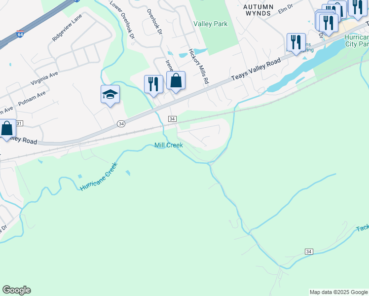 map of restaurants, bars, coffee shops, grocery stores, and more near 3346 Tackett Branch Road in Hurricane
