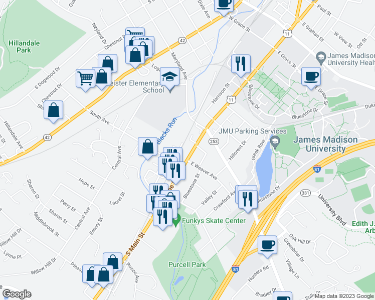 map of restaurants, bars, coffee shops, grocery stores, and more near 1347 South Main Street in Harrisonburg