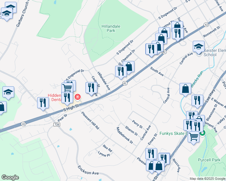 map of restaurants, bars, coffee shops, grocery stores, and more near 200 Hillandale Avenue in Harrisonburg
