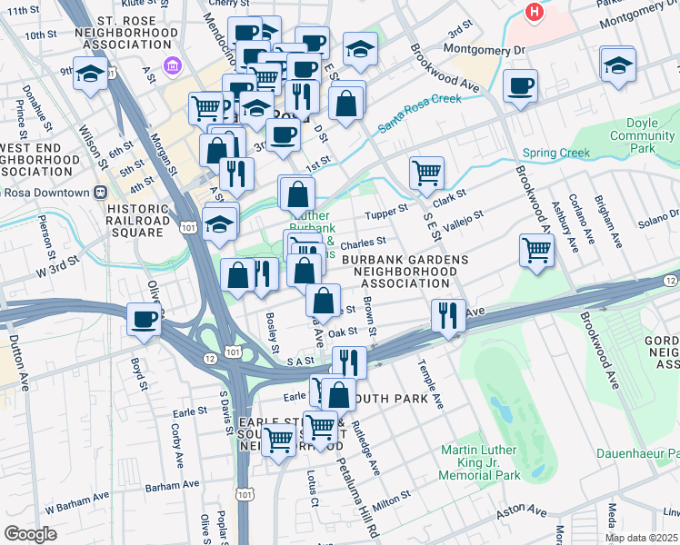 map of restaurants, bars, coffee shops, grocery stores, and more near 634 Wheeler Street in Santa Rosa