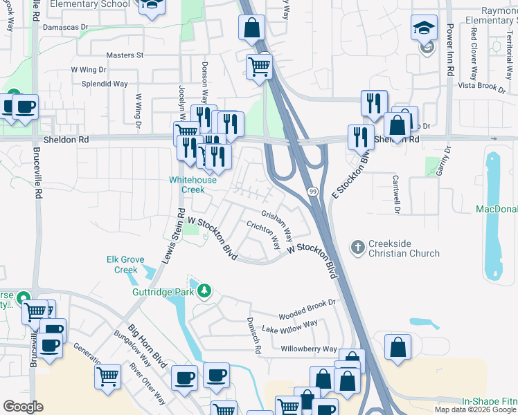 map of restaurants, bars, coffee shops, grocery stores, and more near 8197 Grisham Way in Elk Grove
