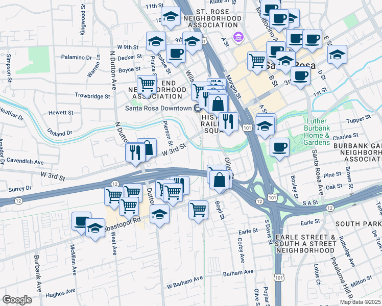 map of restaurants, bars, coffee shops, grocery stores, and more near 218 Roberts Avenue in Santa Rosa