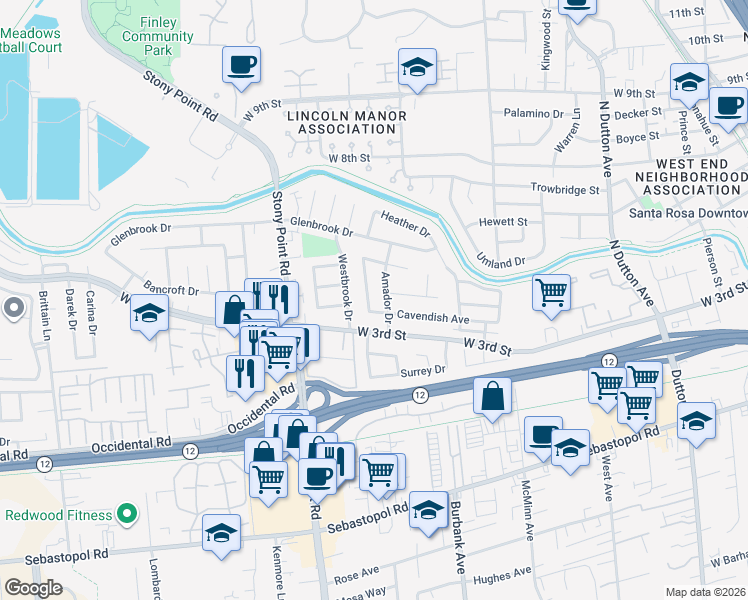 map of restaurants, bars, coffee shops, grocery stores, and more near 308 Broadmoor Street in Santa Rosa