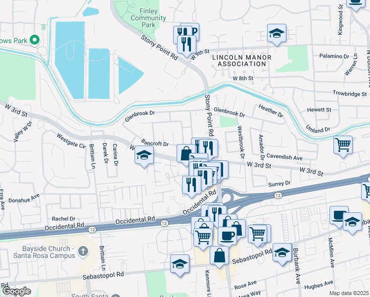map of restaurants, bars, coffee shops, grocery stores, and more near 1738 Bancroft Drive in Santa Rosa