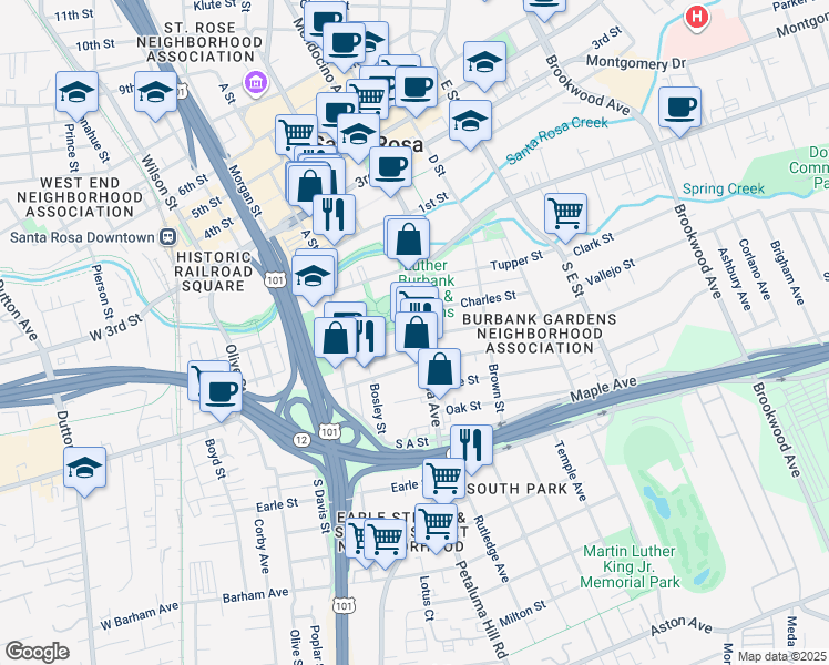 map of restaurants, bars, coffee shops, grocery stores, and more near 323 Santa Rosa Avenue in Santa Rosa