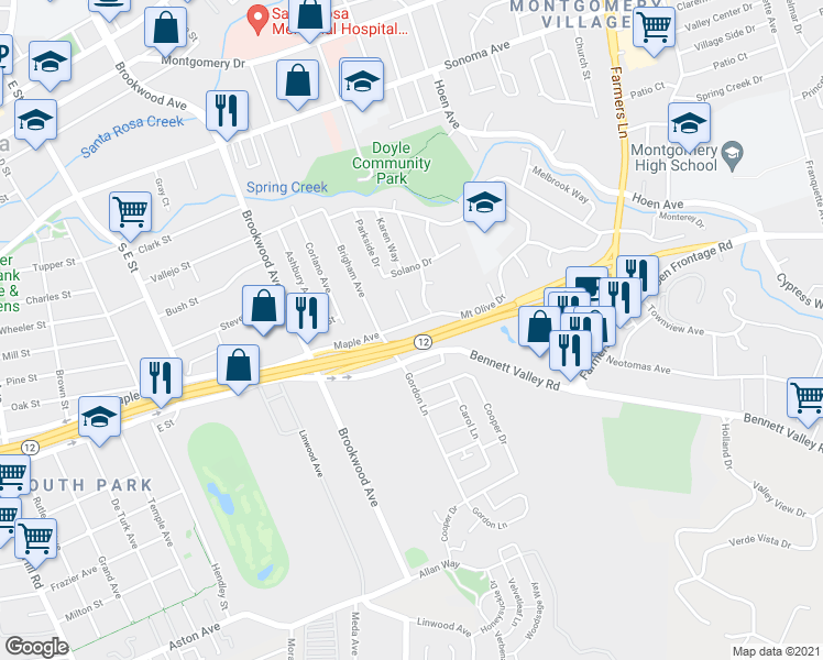 map of restaurants, bars, coffee shops, grocery stores, and more near 1748 Mount Olive Drive in Santa Rosa
