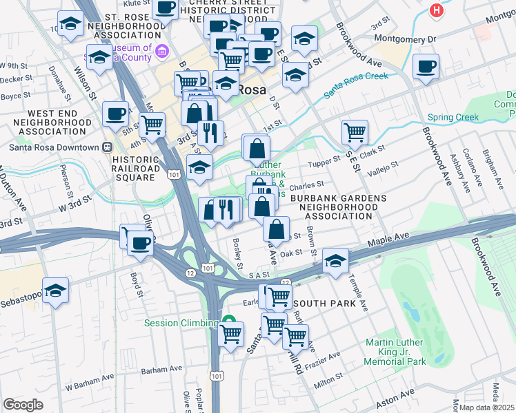 map of restaurants, bars, coffee shops, grocery stores, and more near 407 Santa Rosa Avenue in Santa Rosa