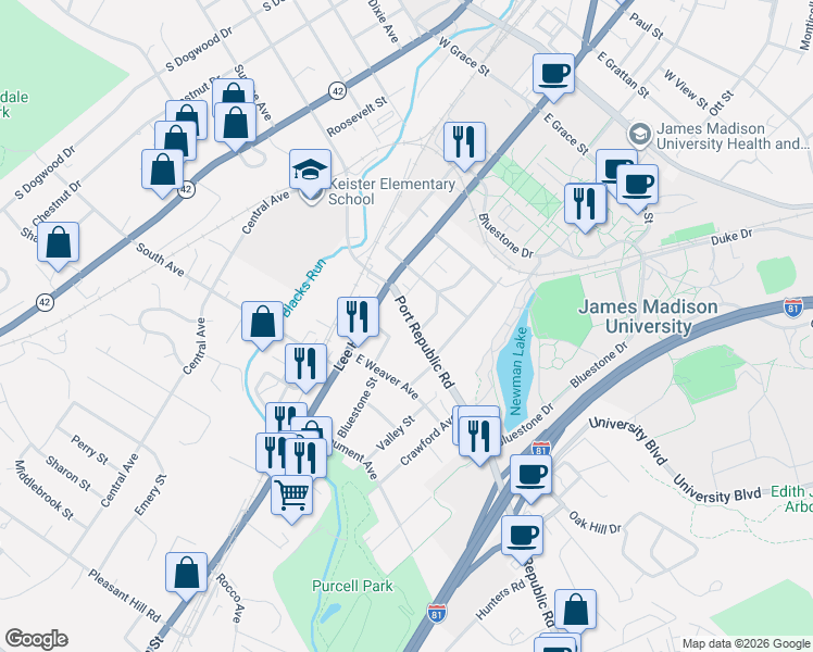 map of restaurants, bars, coffee shops, grocery stores, and more near 33 Port Republic Road in Harrisonburg