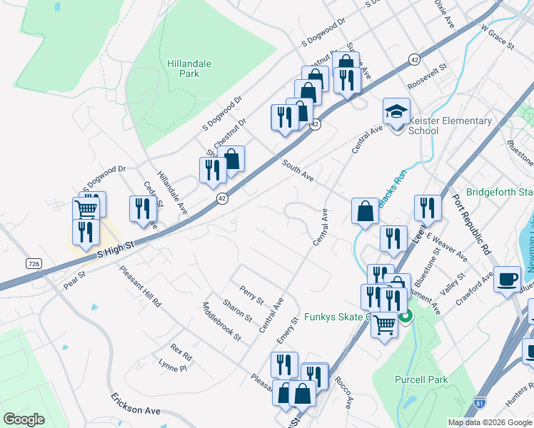 map of restaurants, bars, coffee shops, grocery stores, and more near 211 Wakefield Place in Harrisonburg