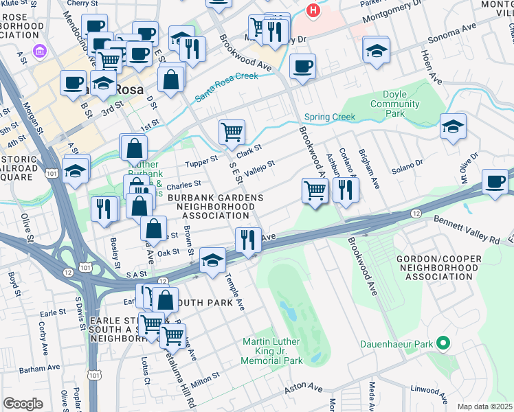 map of restaurants, bars, coffee shops, grocery stores, and more near 454 South E Street in Santa Rosa