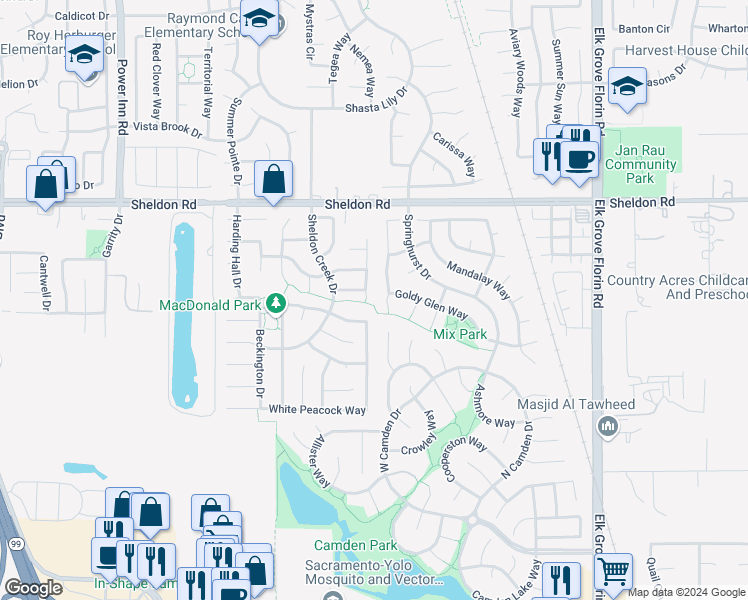 map of restaurants, bars, coffee shops, grocery stores, and more near 8889 Mylitta Court in Elk Grove