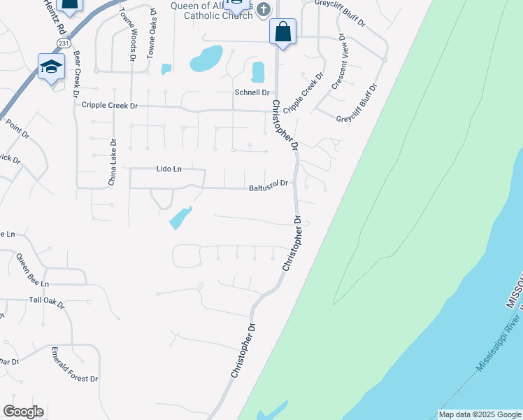 map of restaurants, bars, coffee shops, grocery stores, and more near 2547 Bluffwood Drive in Saint Louis