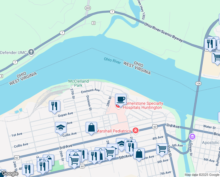 map of restaurants, bars, coffee shops, grocery stores, and more near 2775 North Staunton Road in Huntington