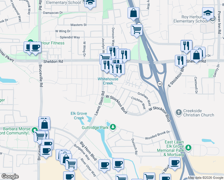 map of restaurants, bars, coffee shops, grocery stores, and more near 8875 Lewis Stein Road in Elk Grove